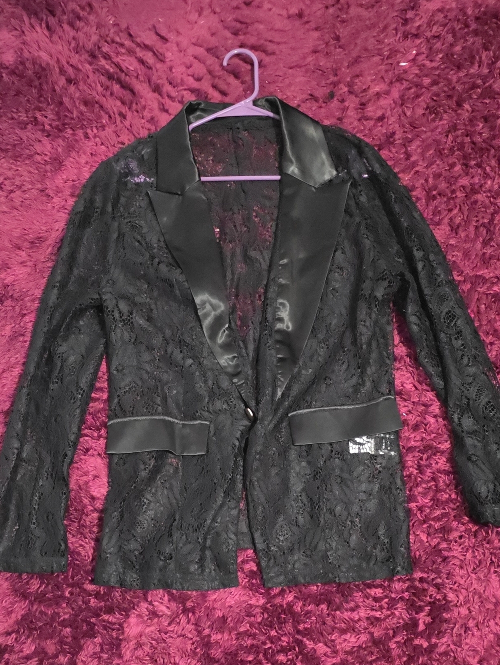 Black Lace Satin-Trim Blazer Jacket - Women